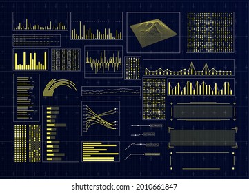 HUD futuristic interface. Hitech display with infographic elements. Dashboard with chart, diagram, line, graphic and data.