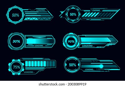 HUD futuristic loading bars and SCI FI user interface, vector digital technology panel. HUD downloading bars and SCI FI screen with digital dashboard controls on display