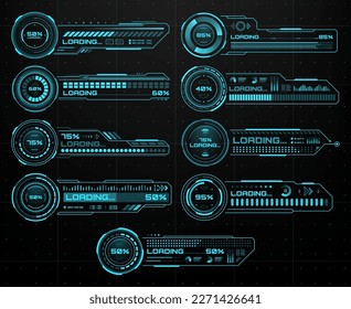 HUD barras futuristas de carga, interfaz de usuario de Sci Fi y tecnología digital, interfaz de usuario de pantalla vectorial. Barras de carga de juegos HUD y futuro tablero de carga o descarga de datos de procesos tecnológicos con hologramas de estado