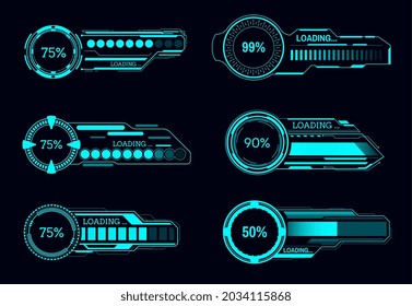 HUD futurista cargando barras de progreso, interfaz de usuario de vector Sci Fi. Panel de control o pantalla digital de Game ui, elementos futuros del tablero de tecnología de las barras de estado de neón con indicadores de progreso