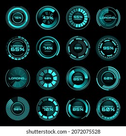 HUD futuristic loading progress bars. Sci Fi user vector interface or ui. Future technology digital screen or game control panel with circular progress bars, loading scales and percent indicators