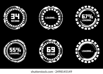 HUD Futuristic Loading Screen Elements. Circular Interface Progress Indicators and Timers