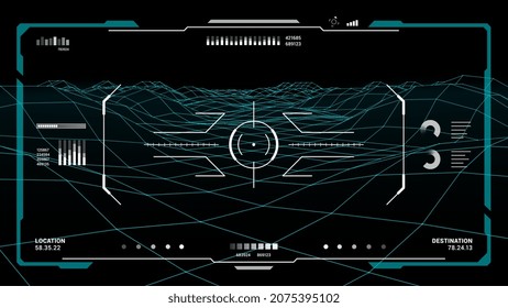 HUD Futuristic Monitor Screen Interface, Zielzielsteuerung ui oder gui of Sci Fi Game. Digital-Dashboard-Paneel mit vr-Head-Up-Display mit Zielrahmen, Vektorgrafik, Crosshair- und Hologramm-Karte