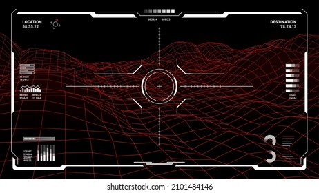 HUD futuristic monitor screen interface of target aim control vector design. Vr head up display dashboard or Sci Fi game ui control panel with digital target crosshair, red hologram map and graphics