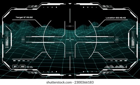 interfaz HUD de pantalla de monitor futurista, tablero de mandos de control de objetivo, pantalla cruzada vectorial. Tecnología HUD y panel virtual de interfaz de usuario de juegos espaciales con radar de disparo y controles de objetivo en pantalla