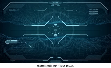 HUD futuristic monitor screen, target aim control interface vector design of Sci Fi game ui. Digital head up display of future technology with hologram dashboard panel, tracking frame and crosshair