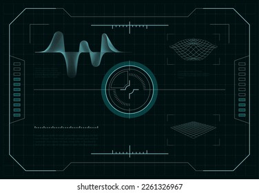 HUD futuristic screen. Sci-fi dashboard interface with target aim control on radar display, UI panel with pointer cursor hologram crosshair. Vector illustration. Analyzing surface, searching location