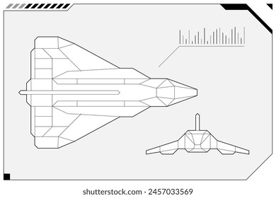 HUD futuristic starship scheme on spacecraft cockpit radar dashboard control panel. Spaceship wireframe on FUI head up display. Command center UI screen. GUI Sci Fi hi tech digital shuttle frame. Eps