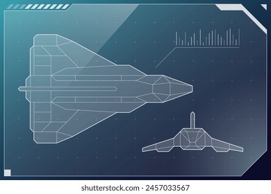 HUD futuristic starship scheme. Spacecraft cockpit radar dashboard control panel. Spaceship wireframe FUI head up display. Command center UI screen. GUI Sci Fi hi tech digital aircraft shuttle frame