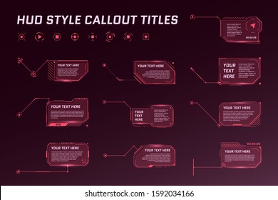 HUD futuristic style callout titles. Information call arrow box bars and modern digital info red frame layout templates. Interface UI and GUI element set. Vector illustration