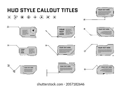 HUD futuristic style callout titles on white background. Infographic call arrow box bars and modern digital info black frame layout templates. Interface UI and GUI element set. Vector eps illustration