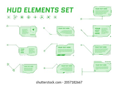 HUD futuristic style callout titles on white background. Infographic call arrow box bars and modern digital info green frame layout templates. Interface UI and GUI element set. Vector eps illustration
