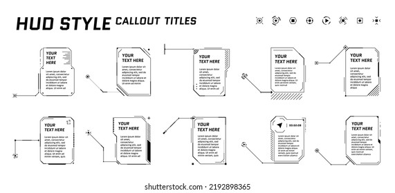 HUD títulos de llamadas de estilo futurista sobre fondo blanco. Barras de cuadros de flecha de llamada infográfica y plantillas de diseño de cuadros verticales de información digital moderna. Interfaz FUI y conjunto de elementos GUI. Vector