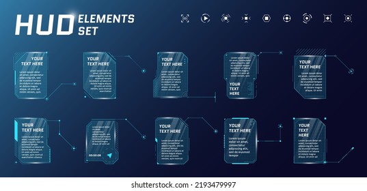 HUD Futuristic Style Callout Titles On Blue Background. Infographic Call Arrow Box Bars And Modern Digital Info Vertical Frame Layout Templates. Hi-tech Interface FUI And GUI Element Set. Vector Eps