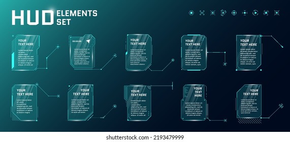 HUD futuristic style callout titles on blue background. Infographic call arrow box bars and modern digital info vertical frame layout templates. Interface FUI and GUI element set. Vector