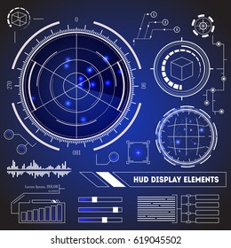 HUD Futuristic Technology Display Element Set on a Blue Background Cyber Digital Data Concept. Vector illustration