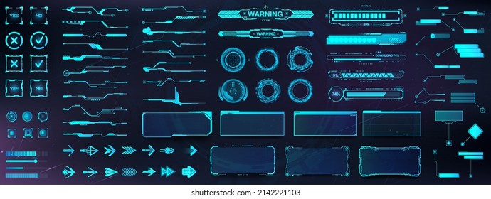 HUD - futuristic user interface elements for GUI, UI, UX, KIT. Futuristic user interface graphic box for UI game. Digital lines, Arrows, Callouts titles, Circle HUD, frames, panels, bar labels. Vector - Shutterstock ID 2142221103