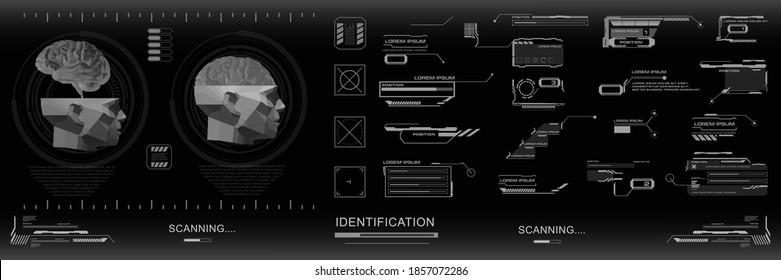 HUD Futuristic user interface with personal identification options. Biometric scanner with HUD, GUI, UI elements. Cyber intelligence with biometric analysis