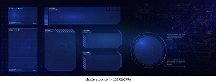 HUD futuristic user interface screen elements set. High tech screen for video game. Sci-fi concept design. Vector illustration