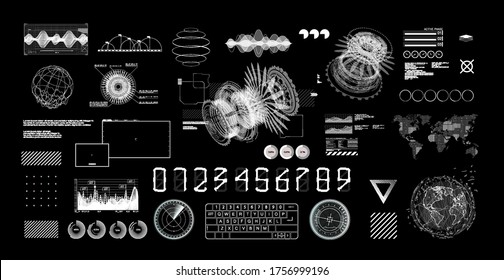 HUD Futuristic User Interface set. Black and white Hi-tech graphics, charts and infographics digital design elements. GUI, UI, Sci-fi digital touch collection. HUD builder set. Vector illustration