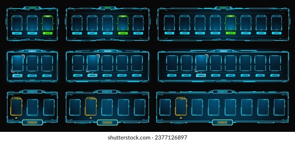 Hud game frame, interface panel borders and avatar neon display. Vector futuristic glowing ski-fi borders set. Space technology isolated tech portals, ui elements for virtual reality, gamer dashboard