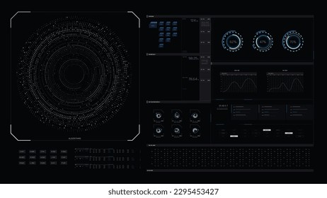 HUD for the game and movie 16:9 widescreen aspect ratio, Futuristic design elements. UI, UX graph bar and indicator elements. Sci-fi design. FUI collection. Military collimator sight. Vector HUD set.