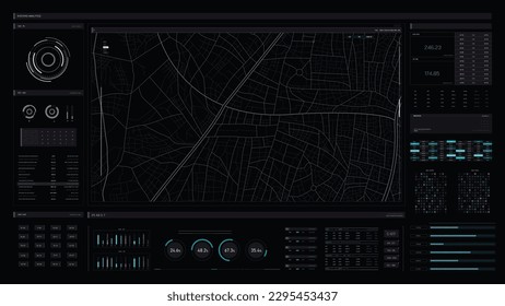 HUD for the game and movie 16:9 widescreen aspect ratio, Futuristic design elements. UI, UX graph bar and indicator elements. Sci-fi design. FUI collection. Military collimator sight. Vector HUD set.