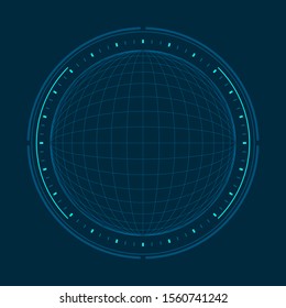 HUD global radar sphere grid and degree indicator dashboard display on blue dark background.