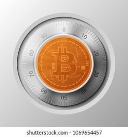 HUD Golden bitcoin armored box. Digital currency steel safe money. 