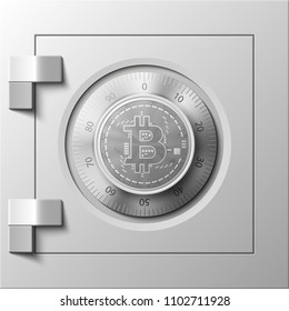 HUD Golden bitcoin armored box. Digital currency steel safe money. Technology bitcoin mining worldwide network. Web banner gold bitcoin combination lock bit coin. Cryptocurrency technology coins money