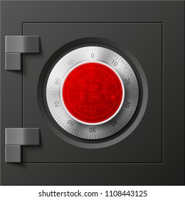 HUD Golden bitcoin armored box. Digital currency steel safe money. Technology bitcoin mining worldwide network. Web banner gold bitcoin combination lock bit coin. Cryptocurrency technology coins money