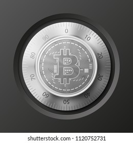 HUD Golden bitcoin armored box. Digital currency steel safe money. Technology bitcoin mining worldwide network. Web banner gold bitcoin combination lock bit coin. Cryptocurrency technology coins money