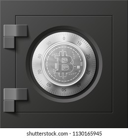 HUD Golden bitcoin armored box. Digital currency steel safe money. Technology bitcoin mining worldwide network. Web banner gold bitcoin combination lock bit coin. Cryptocurrency technology coins money