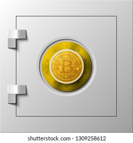 HUD Golden bitcoin armored box. Digital currency steel safe money. Technology bitcoin mining worldwide network. Web banner gold bitcoin combination lock bit coin. Cryptocurrency technology coins money