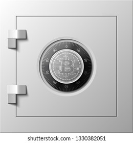 HUD Golden bitcoin armored box. Digital currency steel safe money. Technology bitcoin mining worldwide network. Web banner gold bitcoin combination lock bit coin. Cryptocurrency technology coins money