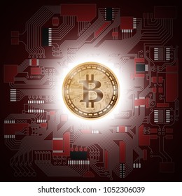 HUD Golden bitcoin. digital currency money. technology microchip mining worldwide network concept. Web banner golden bitcoin on motherboard background with microchip. Physical bit coin. Cryptocurrency