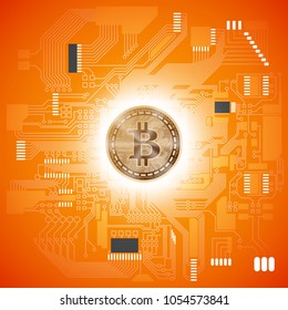 HUD Golden bitcoin. digital currency money. technology microchip mining worldwide network concept. Web banner golden bitcoin on motherboard background with microchip. Physical bit coin. Cryptocurrency