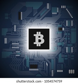 HUD Golden bitcoin. digital currency money. technology microchip mining worldwide network concept. Web banner golden bitcoin on motherboard background with microchip. Physical bit coin. Cryptocurrency