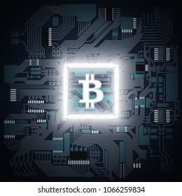 HUD Golden bitcoin. digital currency money. technology microchip mining worldwide network concept. Web banner golden bitcoin on motherboard background with microchip. Physical bit coin. Cryptocurrency