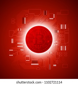 HUD Golden bitcoin. digital currency money. technology microchip mining worldwide network concept. Web banner golden bitcoin on motherboard background with microchip. Physical bit coin. Cryptocurrency