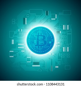 HUD Golden bitcoin. digital currency money. technology microchip mining worldwide network concept. Web banner golden bitcoin on motherboard background with microchip. Physical bit coin. Cryptocurrency