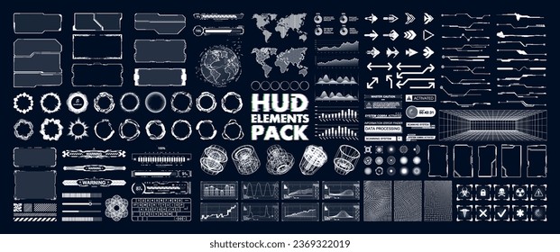 HUD graphic box for GUI, UI, UX. Sci Futuristic User interface - callouts, arrows, buttons, charts, loading bars, menu, charts, infographic, 3D elements, circle HUD for VR, UI, GUI. Sci-fi vector set