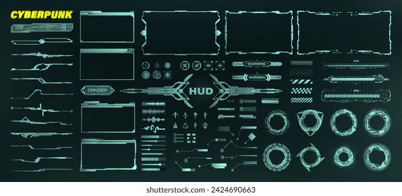 HUD graphic box for UI, UX, GUI design. Futuristic user interface elements FUI. Digital lines, signboards, callouts, frame, buttons, circle HUD, bars UI. Futuristic interface cyberpunk Vector graphic