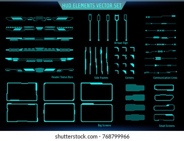 HUD Green Futuristic Elements Basic Communication Concept Set. Abstract Header Status Bar, Side Frames, Screen, Arrow Sign Vector And Illustration.