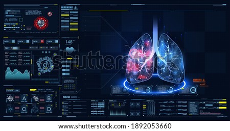 HUD, GUI, FUI dashboard element ui medical examination. Display set of virtual interface elements. Covid-19. Human lungs. Low poly wireframe and points. Diagrams, pie chart infographics. Vector