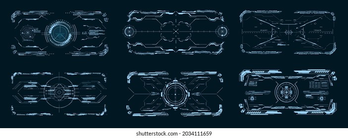 HUD, GUI, FUI Modern Aiming System with Device tilt level. Futuristic Head-up display design. Spaceship, drone, helmet, crosshair, aim. Techno target screen element. VR design for video games. Vector