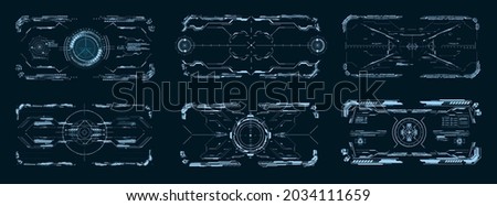 HUD, GUI, FUI Modern Aiming System with Device tilt level. Futuristic Head-up display design. Spaceship, drone, helmet, crosshair, aim. Techno target screen element. VR design for video games. Vector