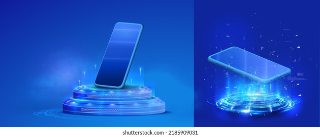 HUD, portal de interfaz gráfica de usuario futurista, holograma. Resumen de la tecnología de interfaz de usuario digital. El Smartphone cuelga en el aire. Mínimo estudio 3d. ​ espacio peatonal de mockup de Monotone para mostrar la aplicación. Ilustración del vector