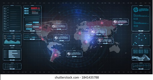 HUD, GUI. Hi-tech futuristic display. Tech and science, analysis theme. Digital user interface. Virus danger, infected places on earth. Red lesions of coronavirus. World pandemic 2020. Vector
