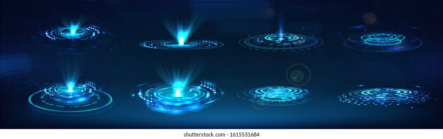 HUD GUI holograms and futuristic elements. Vector set digital technology UI. Circle Sci-fi elements with light and lights. Concept Futuristic User Interface for graphic motion. Vector